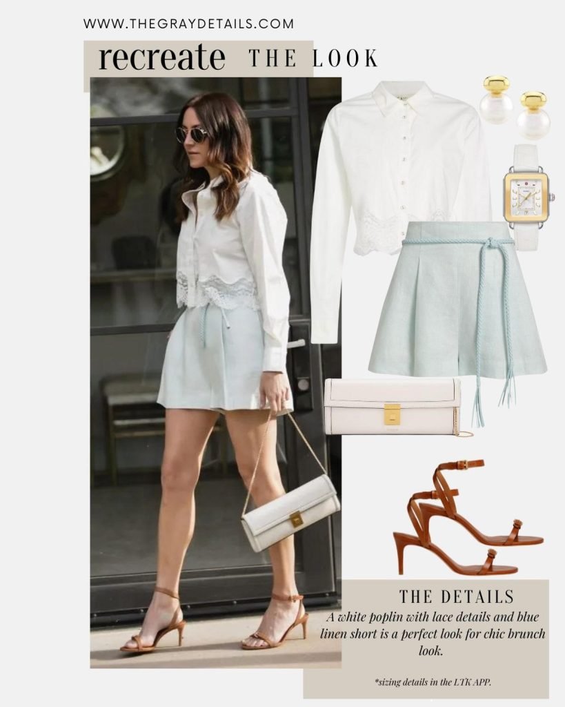white poplin with lace and linen shorts