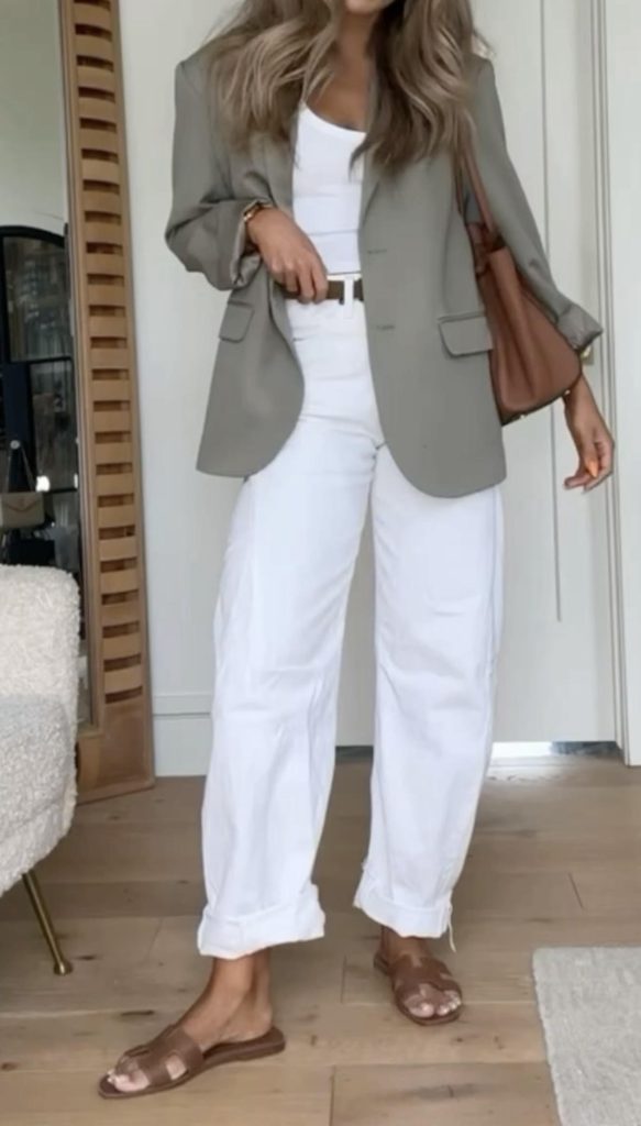 Sage Green Blazer and White Jeans Outfits