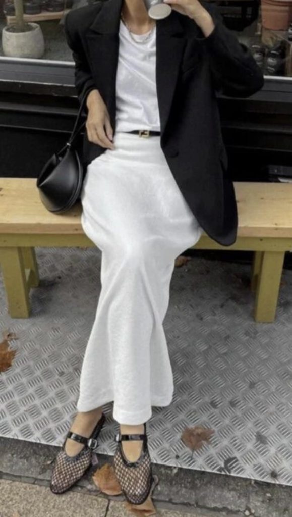 white skirt Summer to Fall Transitional Outfits