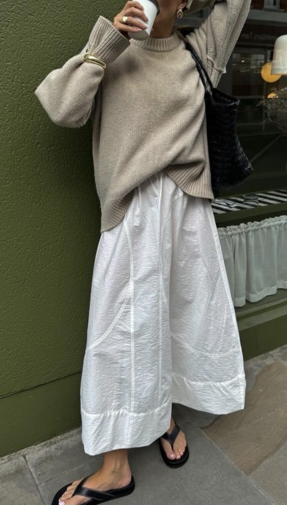 white skirt Summer to Fall Transitional Outfits
