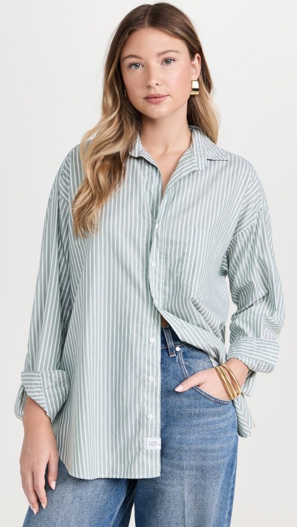 Vertical Striped Button Down Top and jeans Outfit