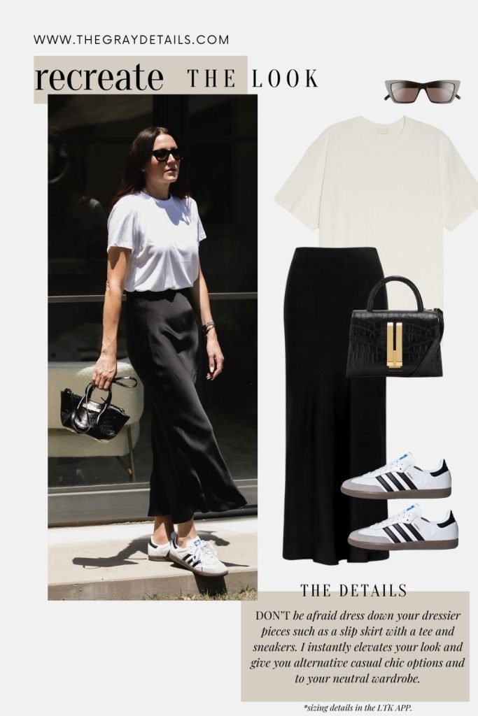 Slip skirt with casual tee and sneakers | Summer Neutral Outfits
