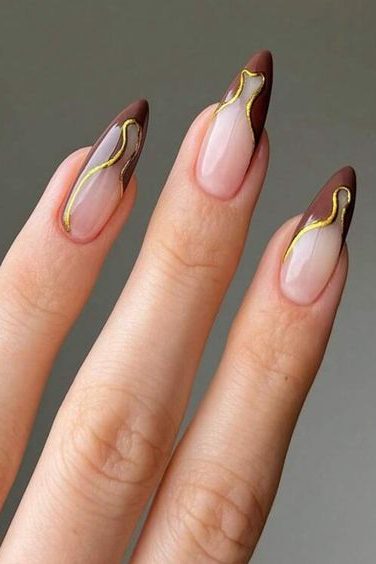 Brown Nails with Gold Accents