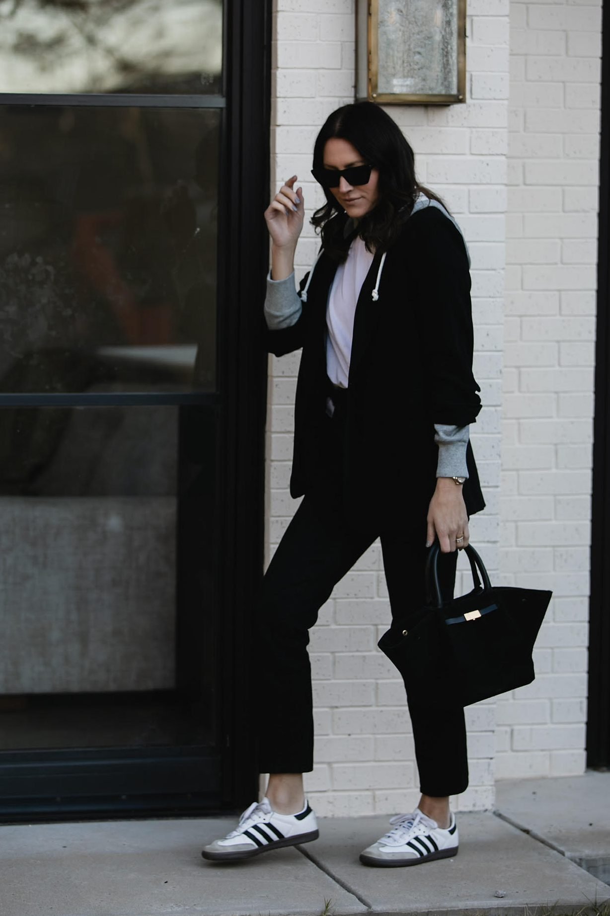 Adidas Sambas + Jeans + hooded Blazer Outfit