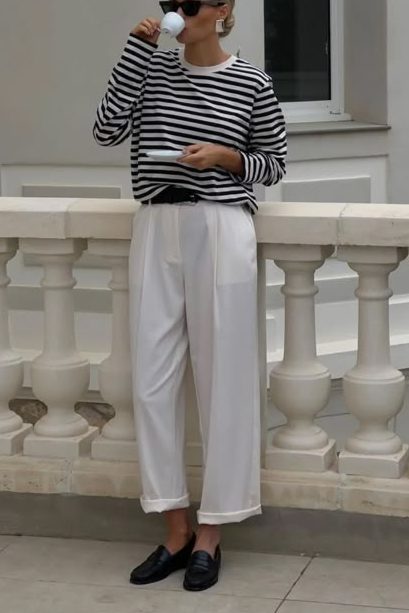 Striped Tee and white trousers old money