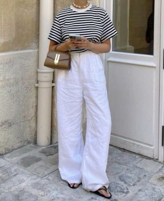 Striped Tee and white trousers fashion