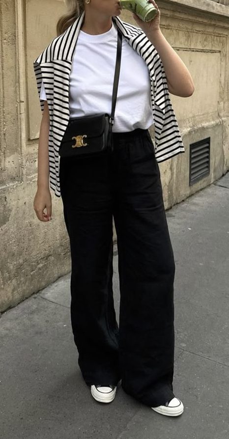 black and white trousers and t-shirt