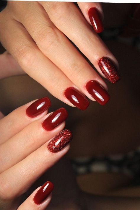 Cranberry Red with Glitter fall nail design