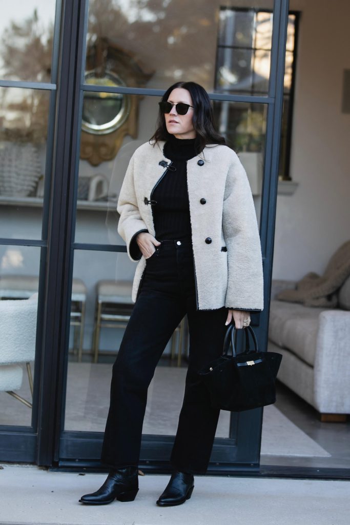 Shearling Jacket and Black Jeans Outfit