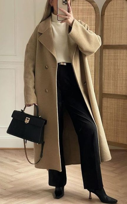 Camel Coat with Turtleneck and Trousers | Old Money Winter Outfits