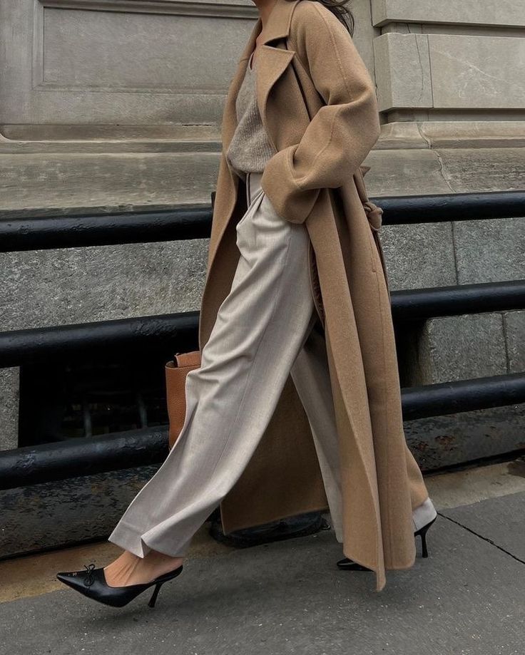 Classic Camel Coat with Turtleneck and Trousers