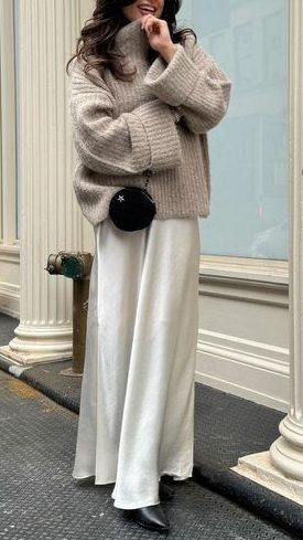 Slip skirt and sweater winter outfit idea