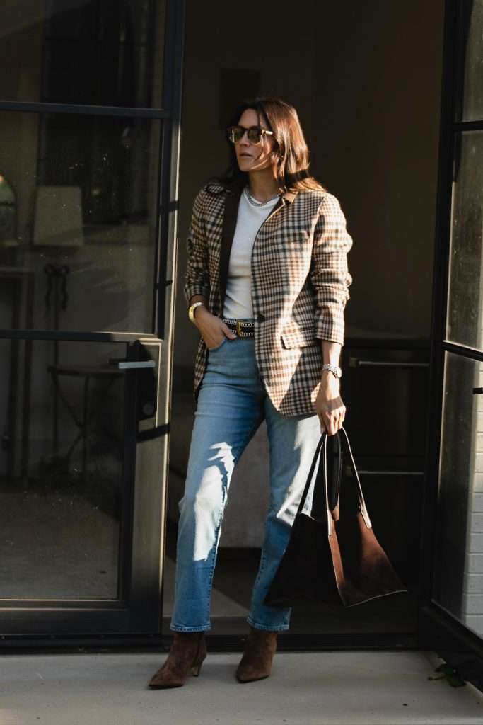 Plaid Blazer and Mom Jeans Outfit