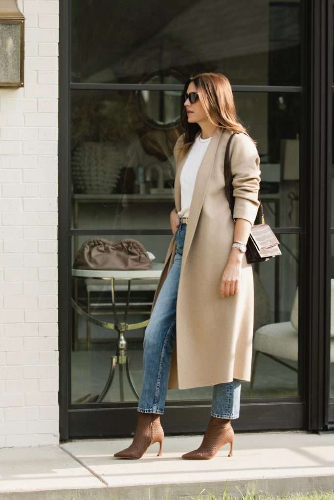 camel coat and heeled boots outfit idea