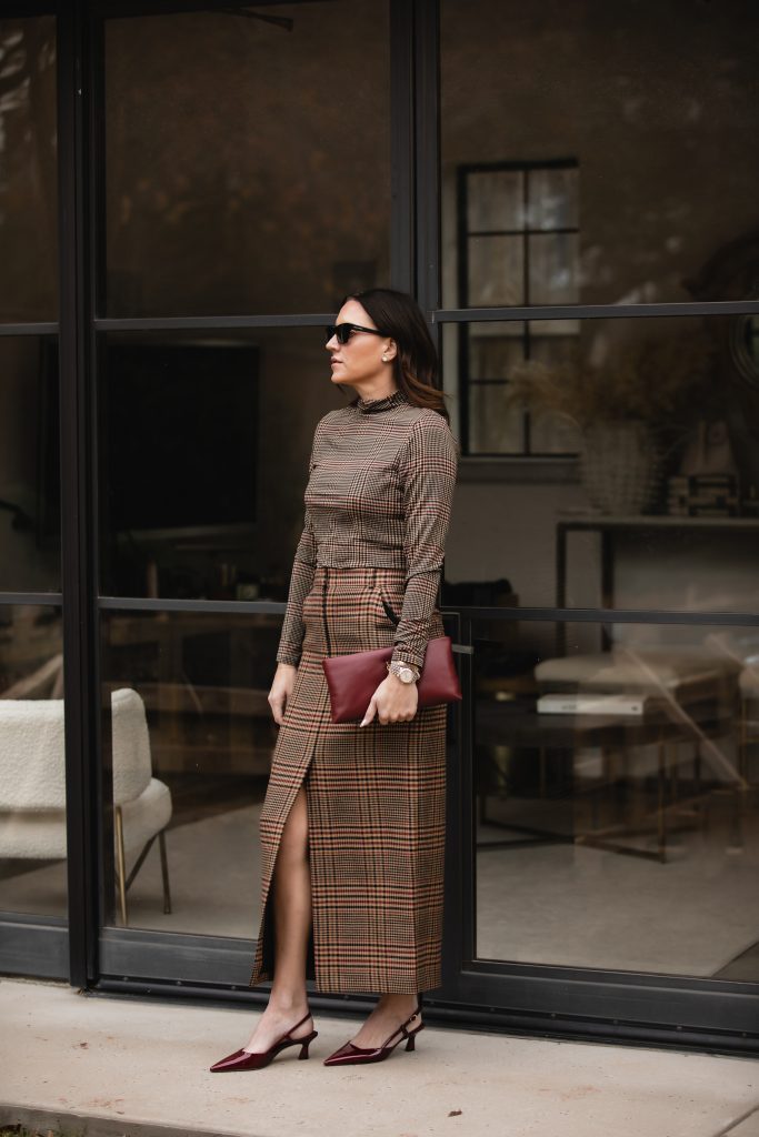 Holiday plaid skirt and turtleneck