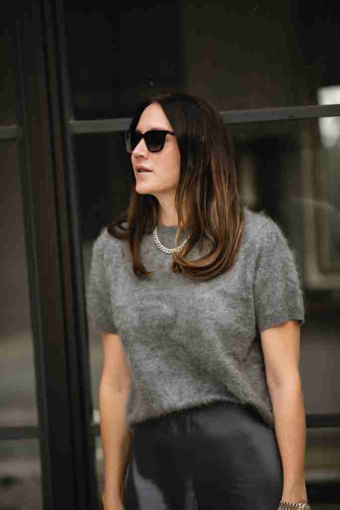 Satin Pants and Sweater Top holiday workwear outfits