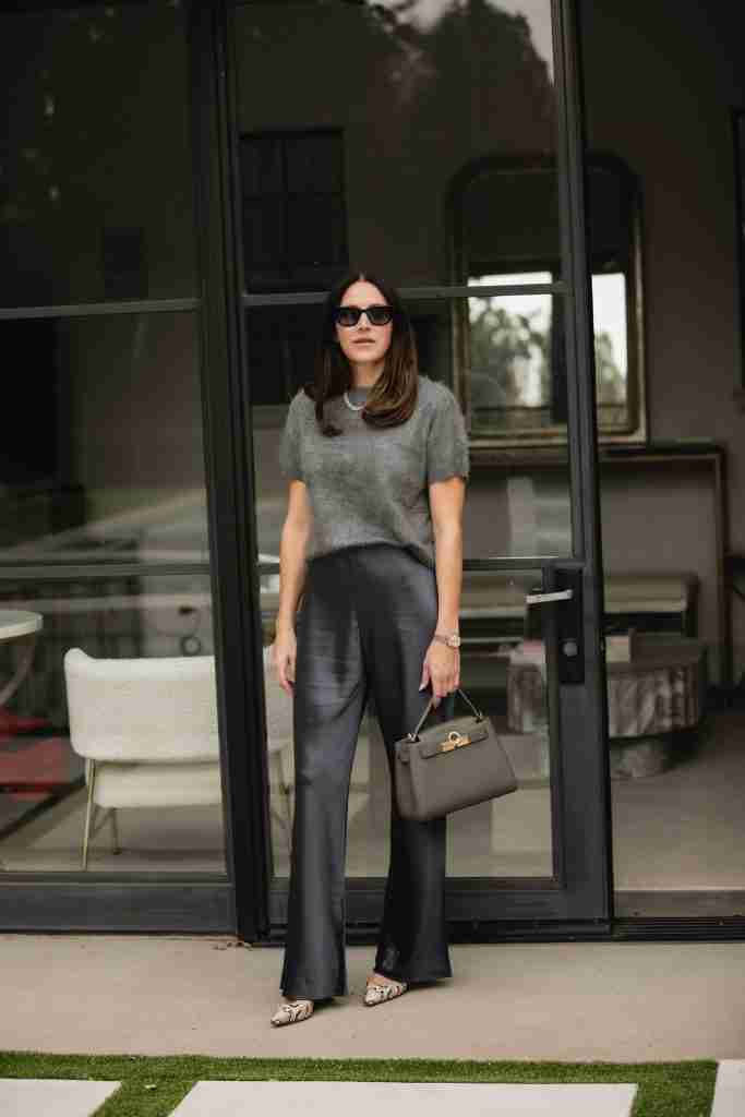 Satin Pants and Sweater Top holiday workwear outfits