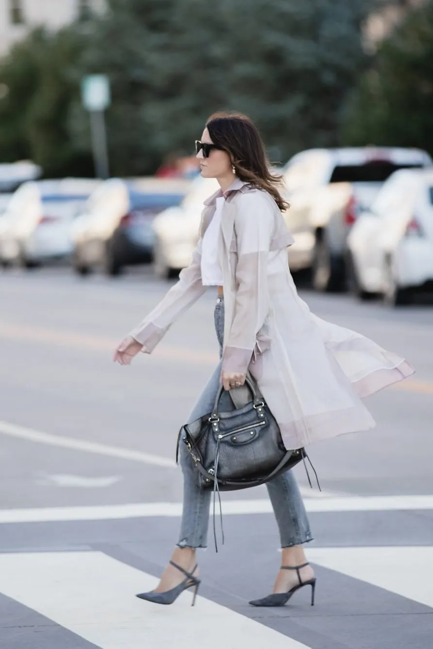 Trench coat and heels gray outfit