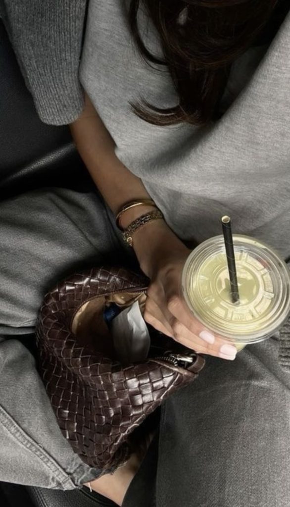 woven handbag and drink