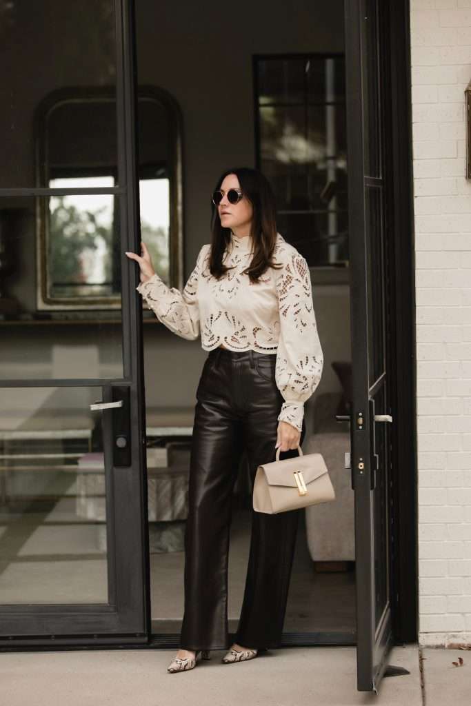 Lace top and Leather Pants Outfit