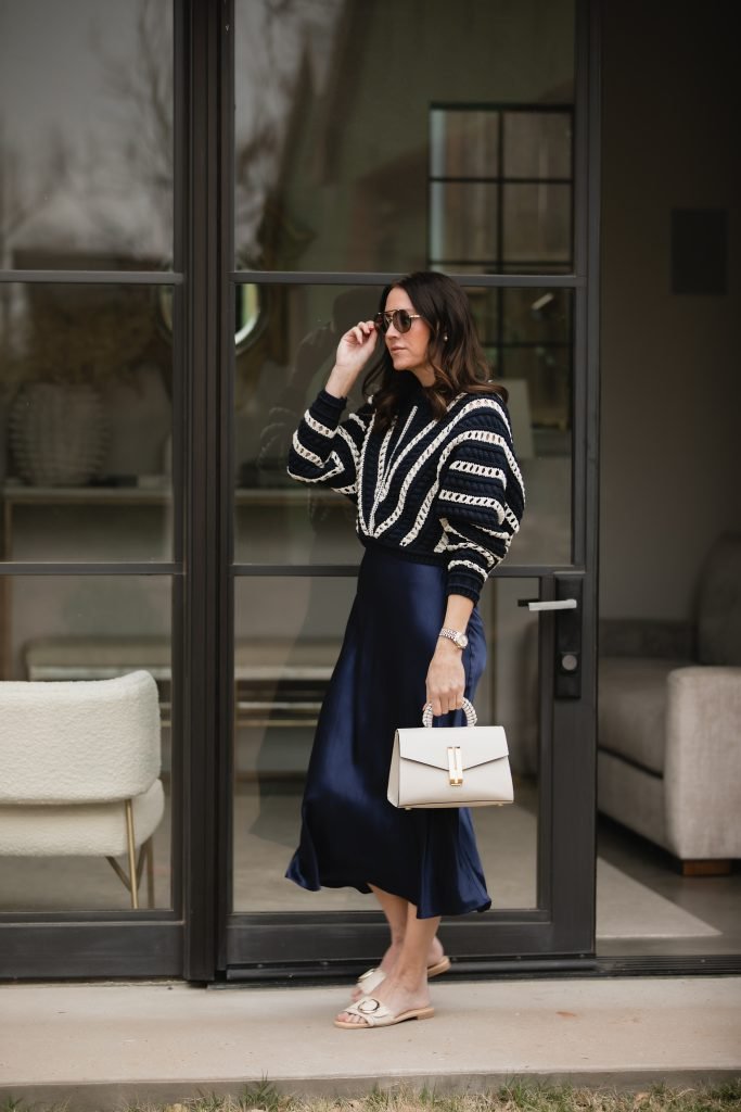 How to Style a Blue Satin Skirt