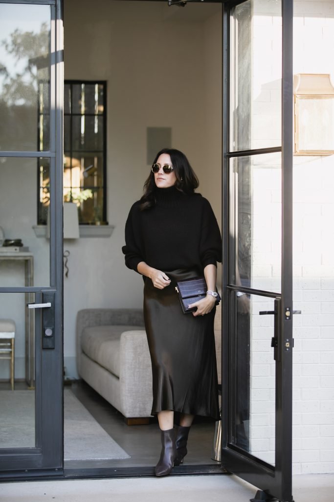 Brown Satin Skirt and Chunky Knit Sweater