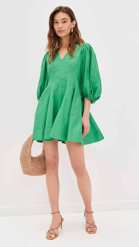 Green Smocked Dress with Puff Sleeves