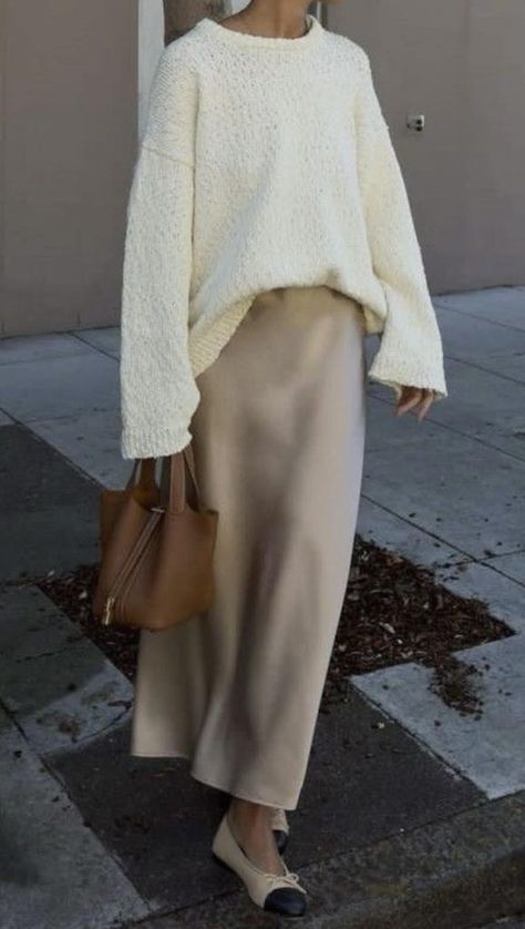Cream Satin Skirt with chunky sweater