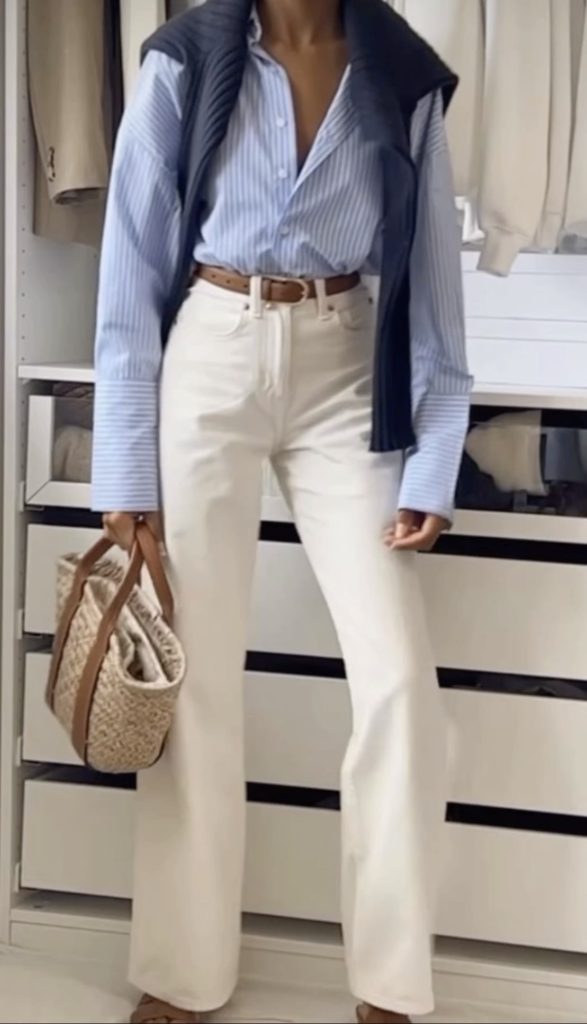 White Jeans, Blue top Outfits