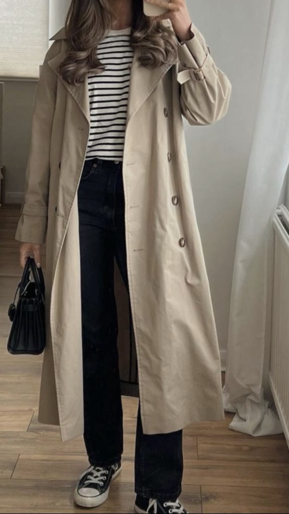 Pinterest Worthy Spring Weekend Outfits - trench coat, striped tee, and black bottoms 
