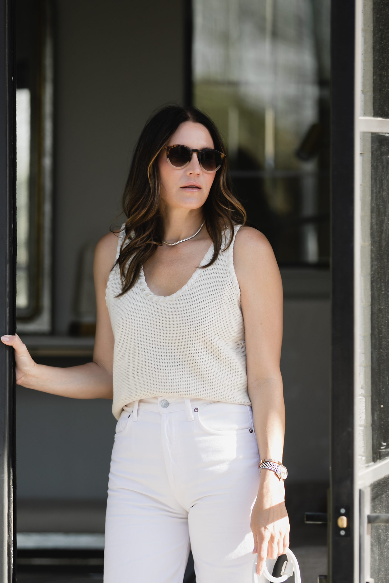 White Jeans and Knit Top spring outfit