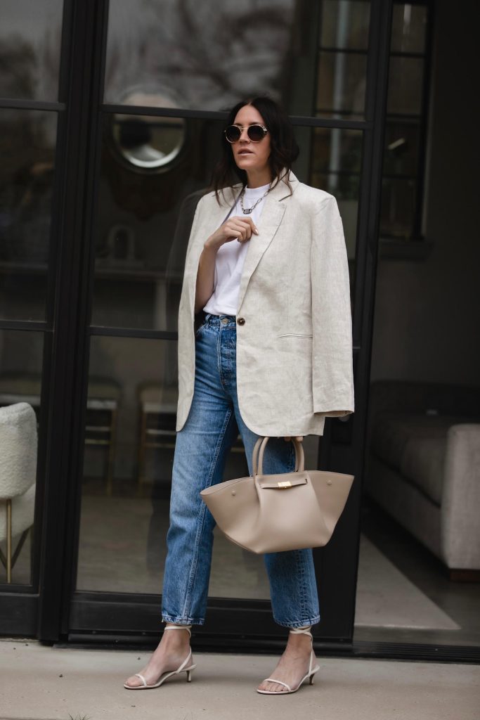 White T-Shirt with a Blazer and High Waisted Jeans