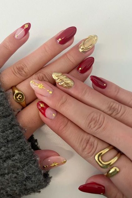Red and Gold Accent Nail ideas