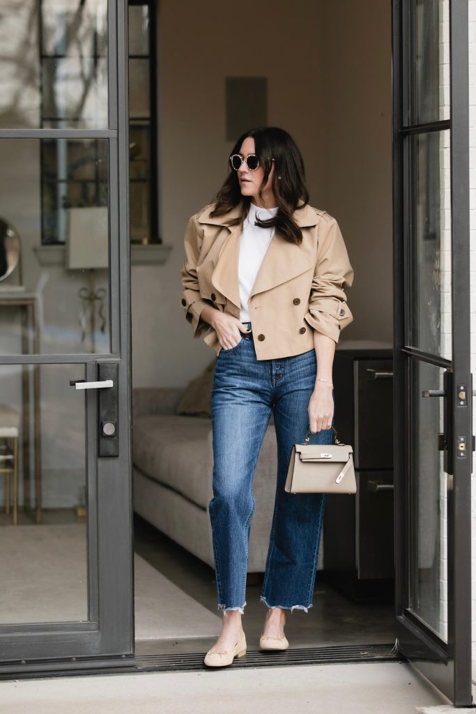 White T-Shirt with a Cropped Trench Coat and Jeans