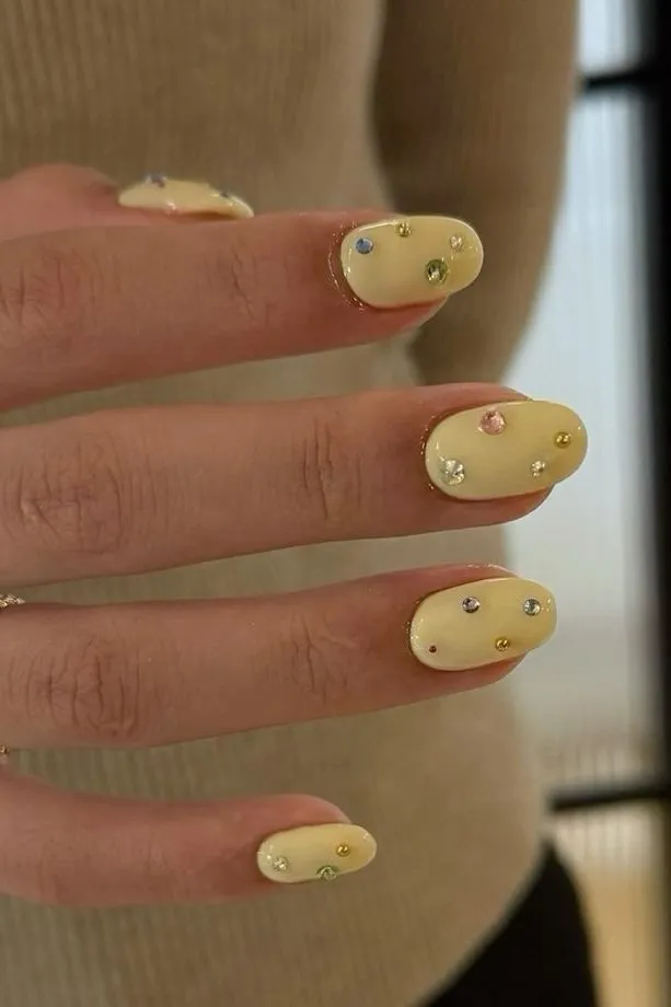 rhinestone Butter Yellow Nails