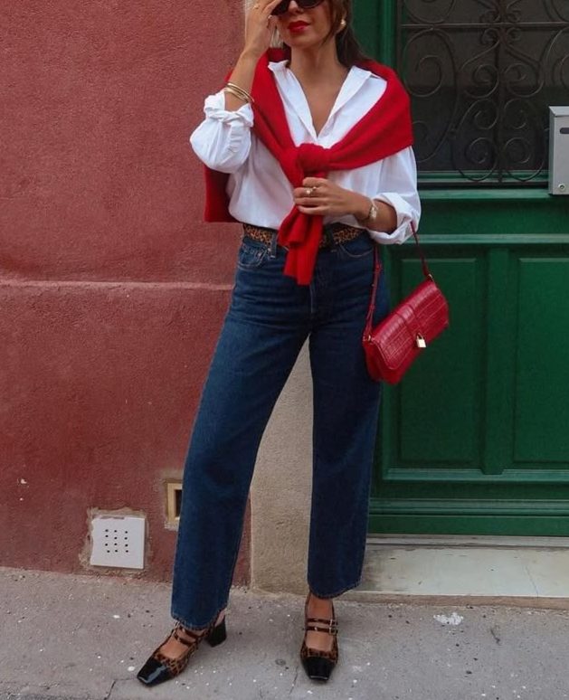 Pop of Red Sweater over bottom up shirt