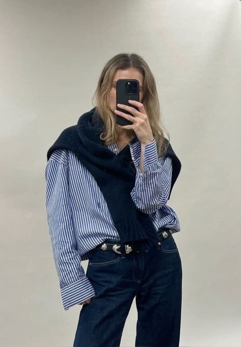 Striped Button-Up and navy sweater ideas