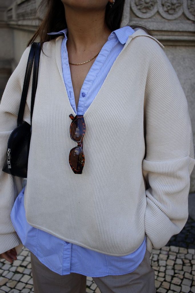 Blue Button Up and Cream Sweater