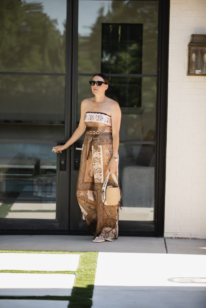 pant coverup and one-piece swimsuit outfit idea