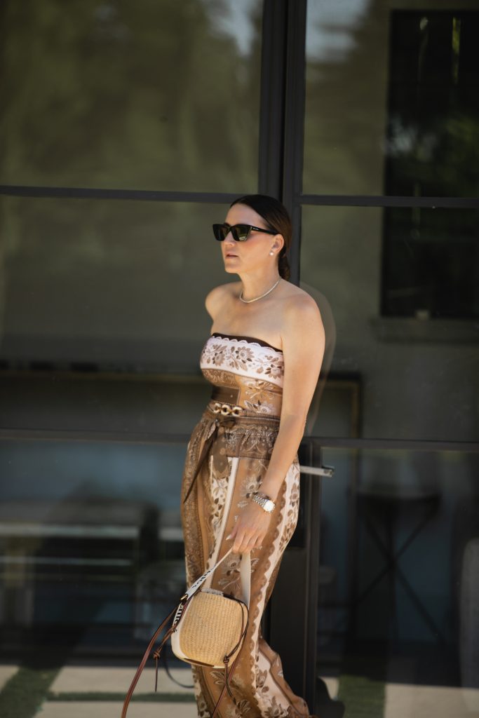 pant coverup and one-piece swimsuit outfit idea