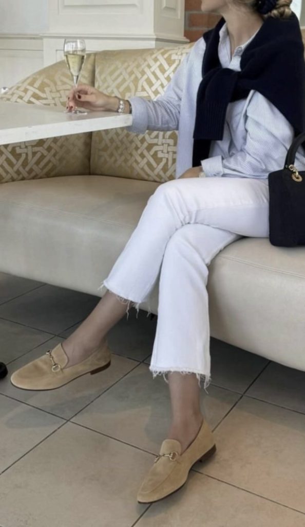 Loafers with white jeans