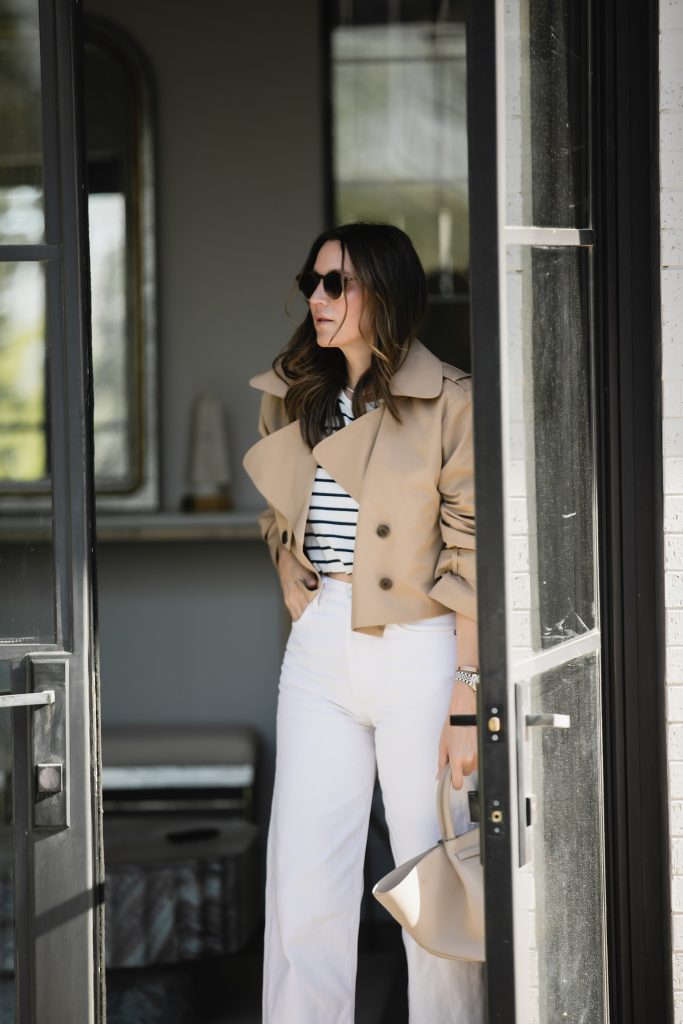 white jeans + cropped trench coat