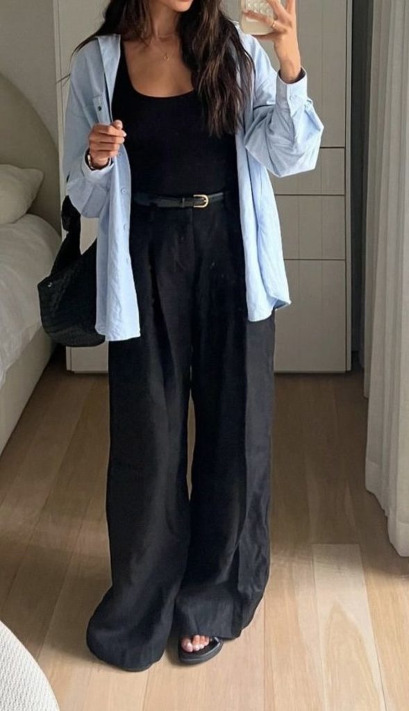 Black Trousers and Blue Button Down Outfits