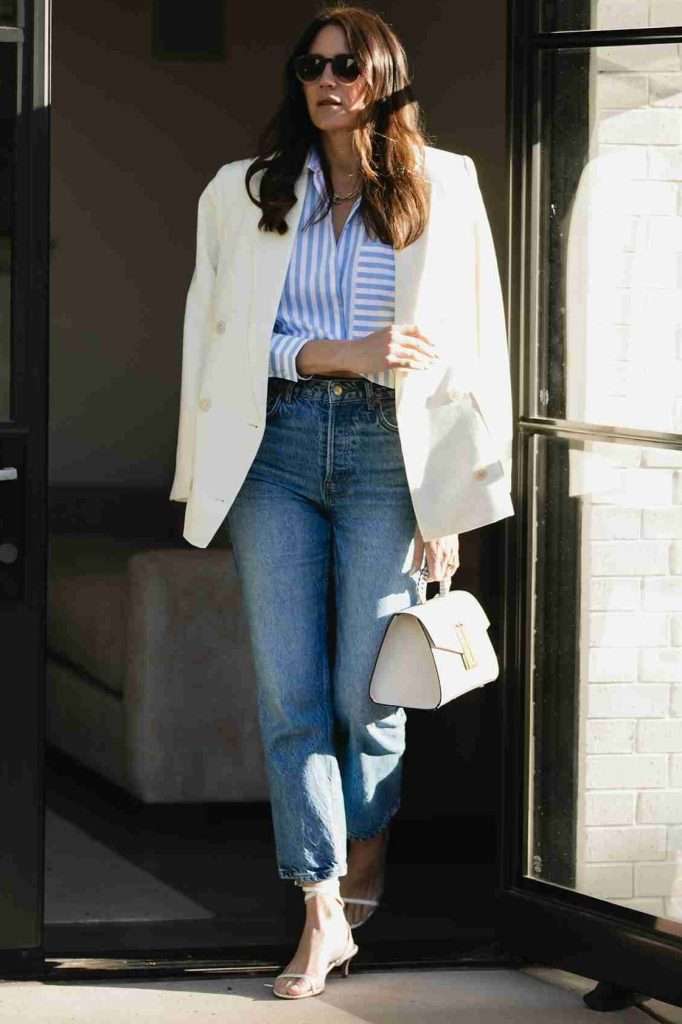 White Blazer and High Waisted Mom Jeans Outfit Idea