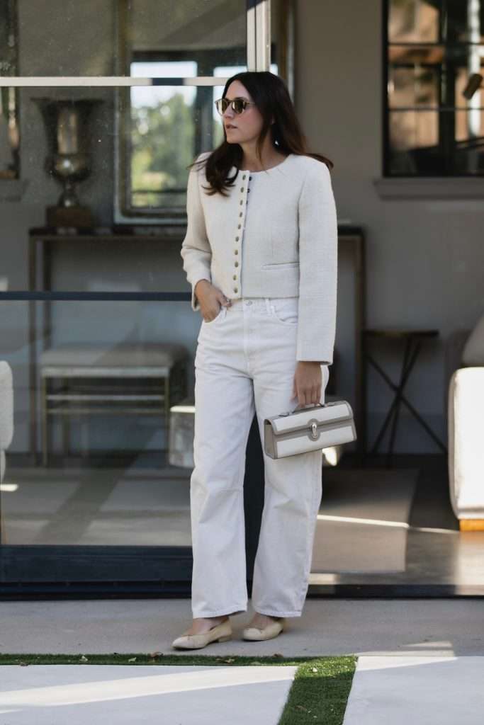 White Tee and Straight Jeans with tweed blazer