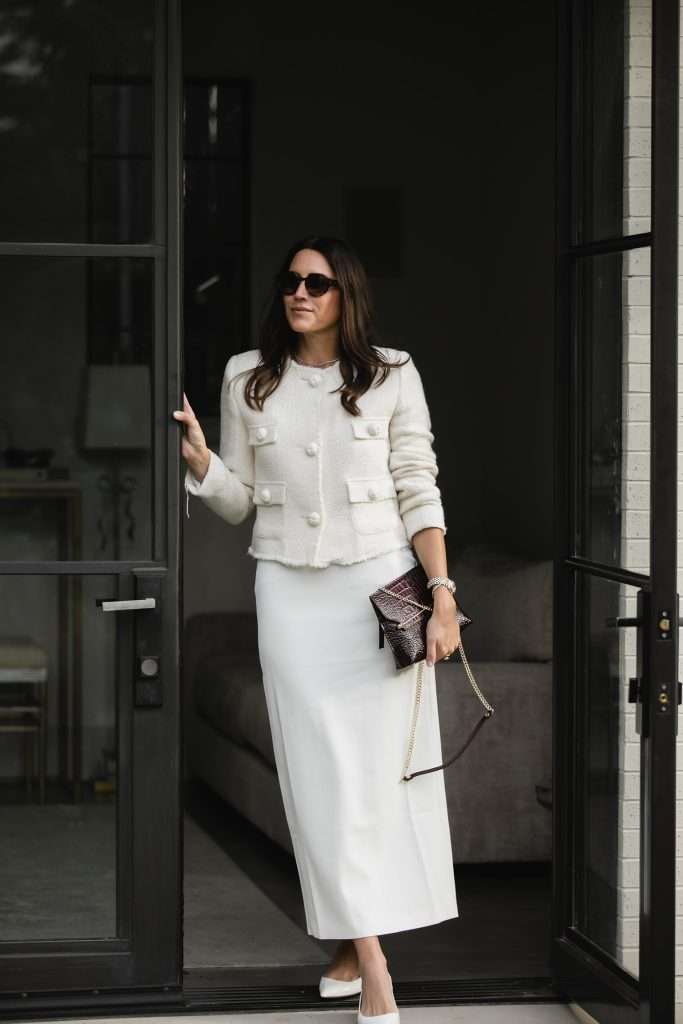 Tweed Blazer With White Skirt