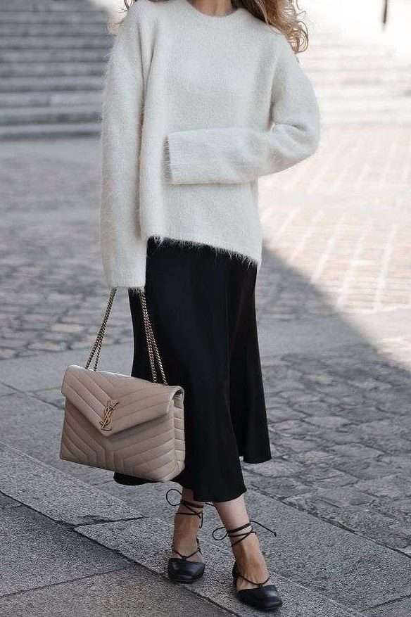 White Sweater With Black Satin Skirt
