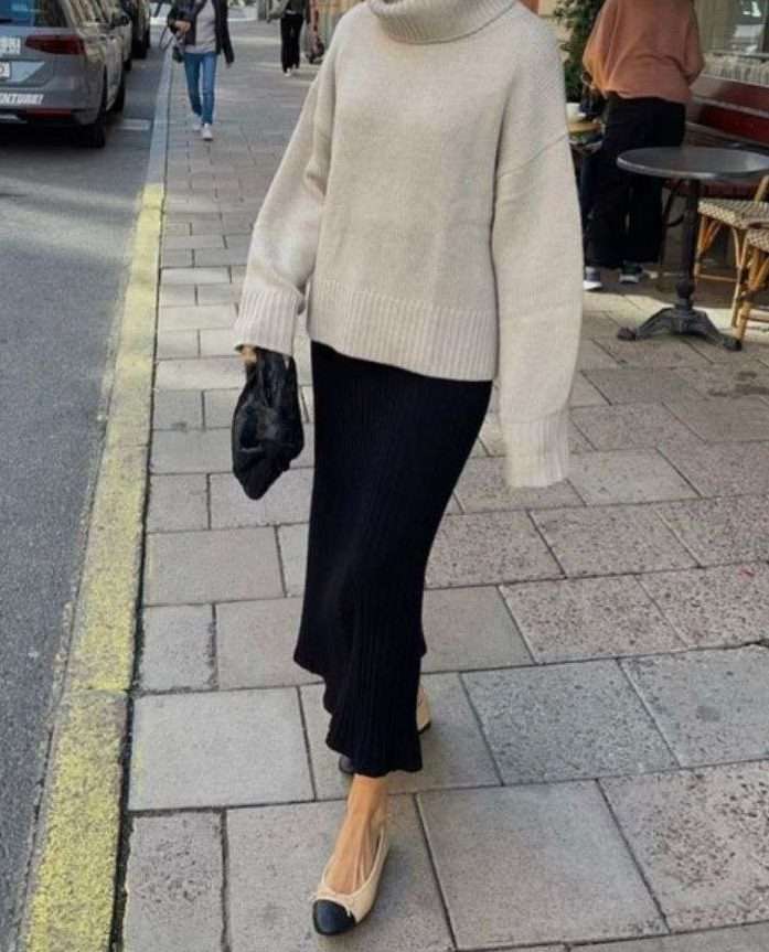 White Sweater Black Skirt outfit White Sweater With Black Satin Skirt