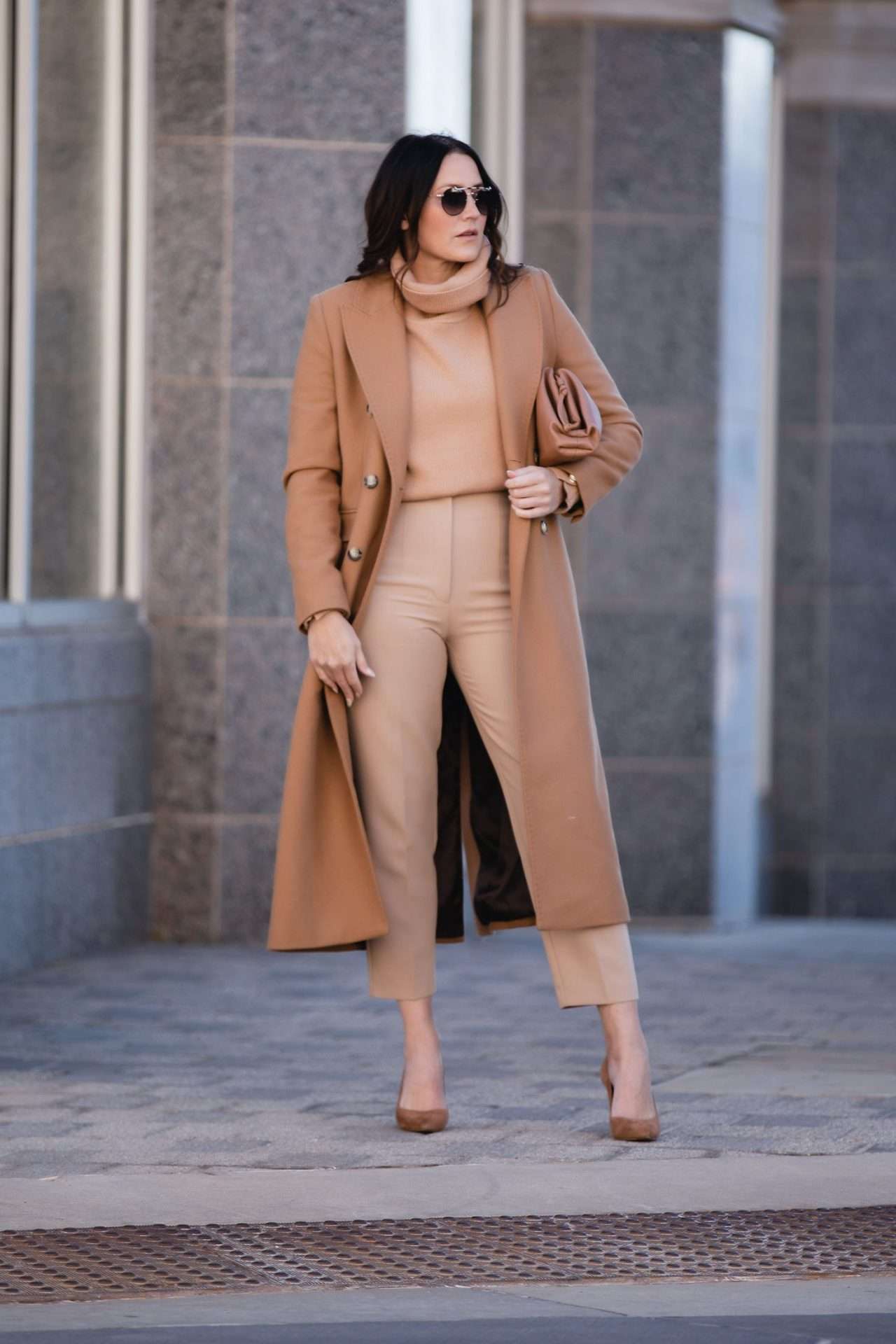 Camel Coat & Trousers - Monochrome Outfit Ideas For Winter
