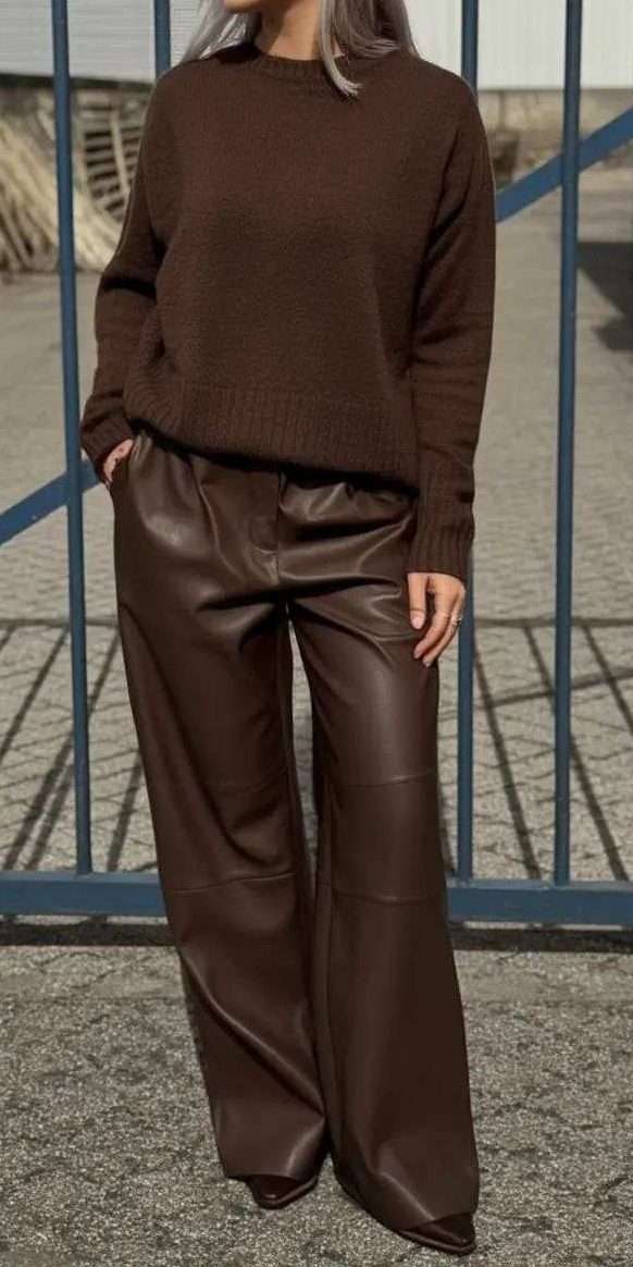 Brown Leather and Knit winter style